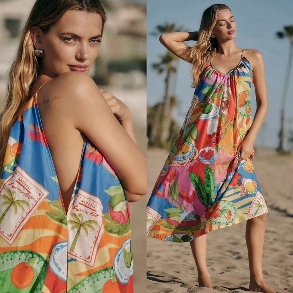 Farm Rio Summer Picnic Midi Dress Small Belted Cotton Sleeveless Tropical